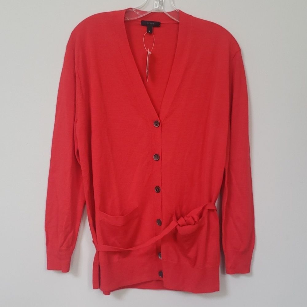 J Crew Cardigan Sweater Womens S Red Belted Merino Wool Long Bright Academia
